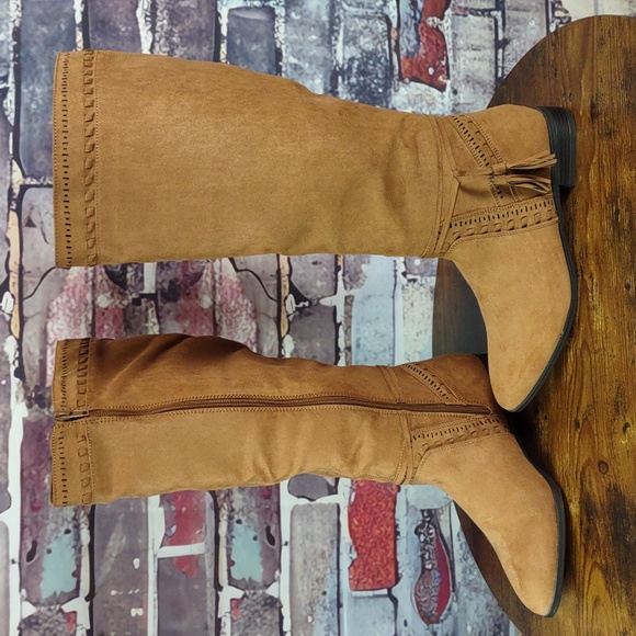 Just Fab "Walk The Line" Cognac Faux Suede Boots - Picture 1 of 14